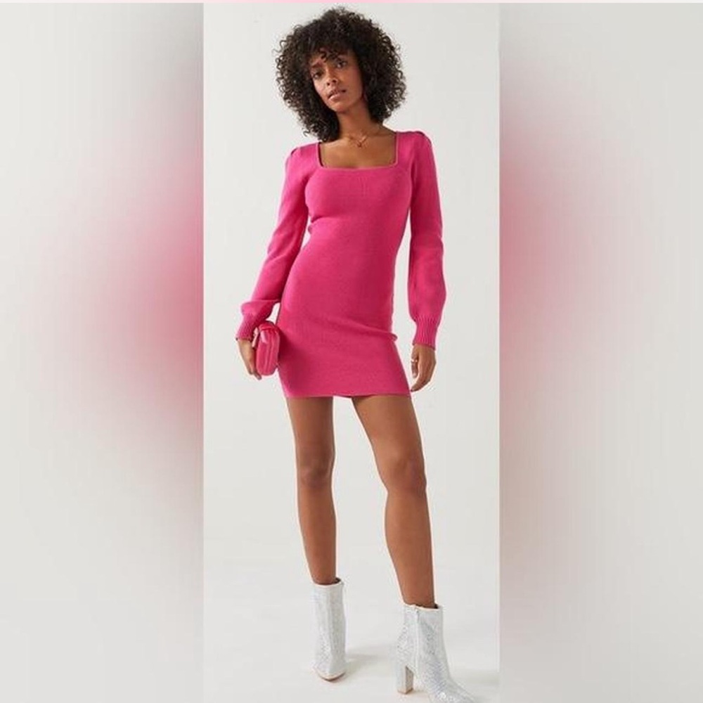 miami Hot Pink Square-Neck Long-Sleeve Mini Dress